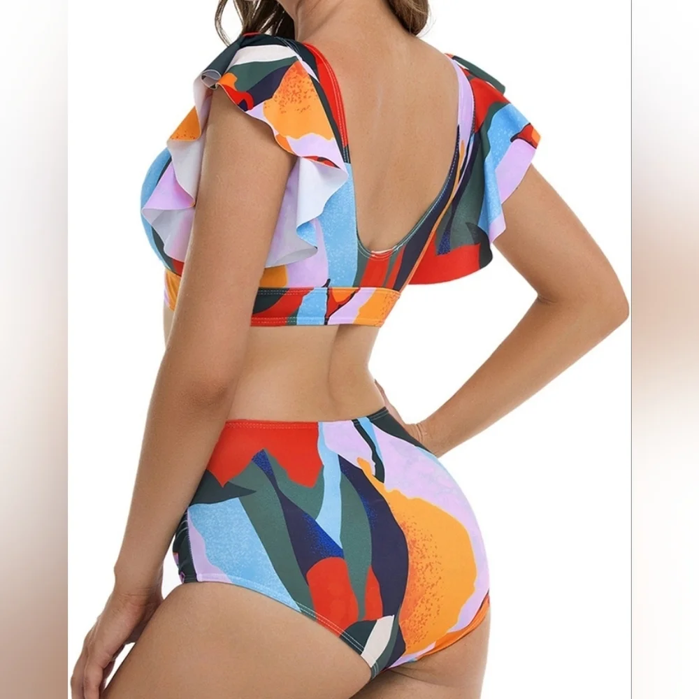 New with tags! Missky Womens XL colorful ruffle shoulder bikini swim suit